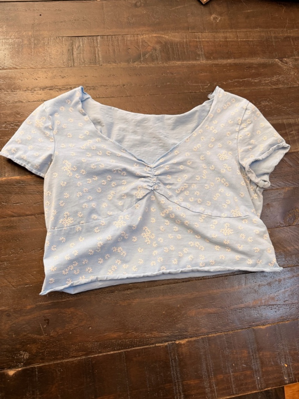 Brandy Melville Light Blue Daisy Ruched V-Neck Crop Top